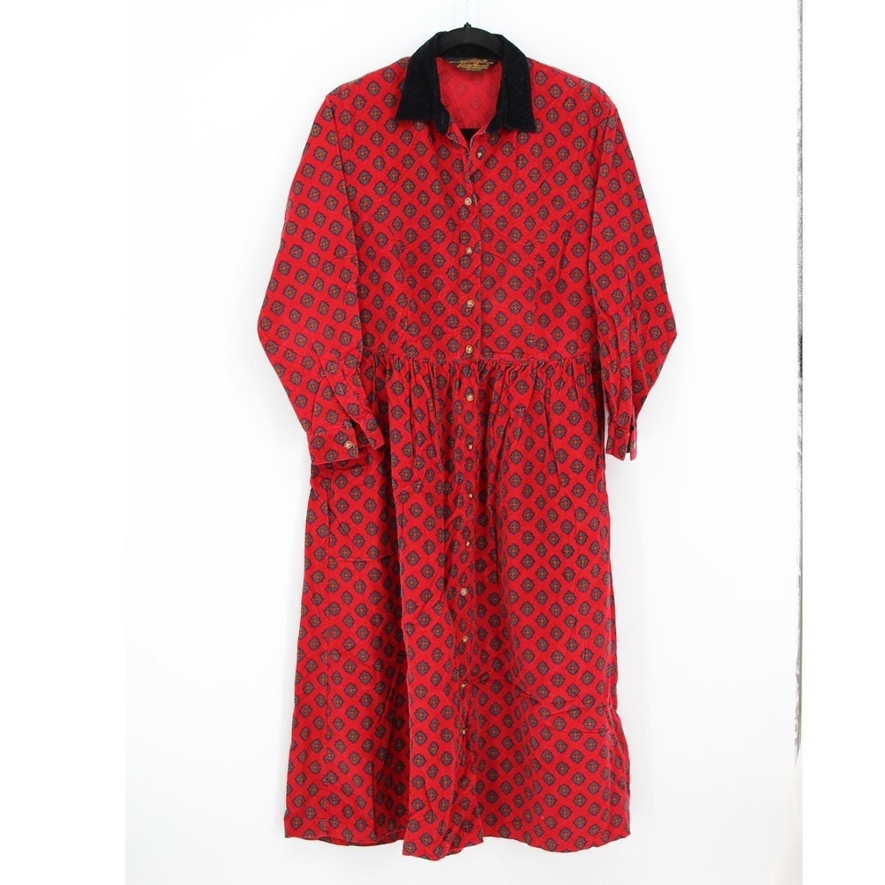 Vintage 80s Eddie Bauer Small Red Corduroy Black Collar Maxi Pleated Shirt Dress